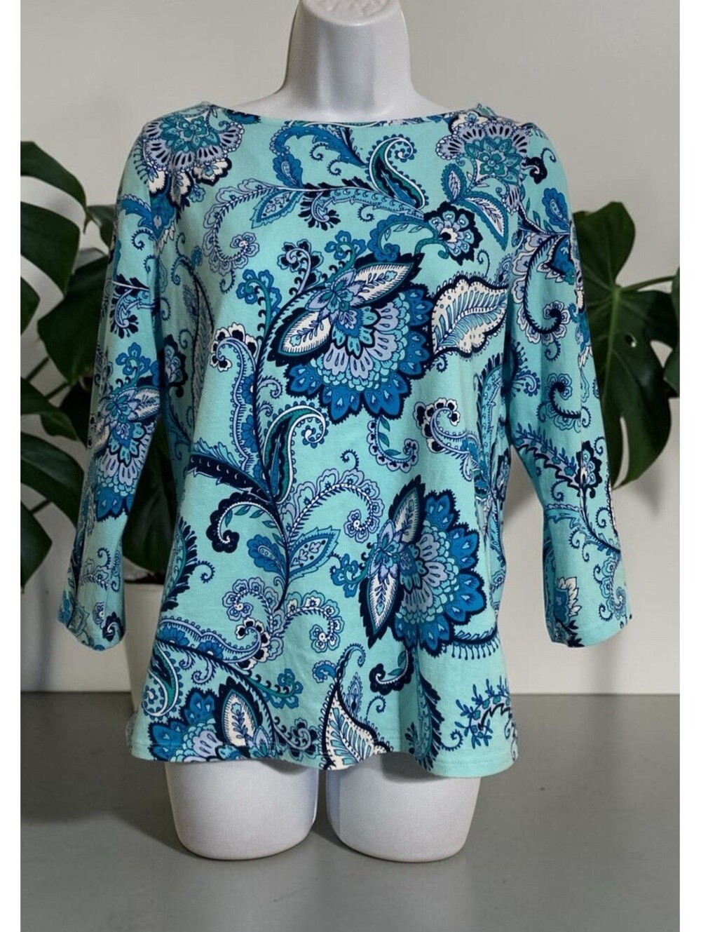 Women Talbots Blue Paisley Design Long Sleeve Cotton Blend Top Sz M